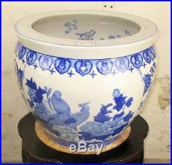 V Large Chinese Porcelain Blue White Koi Fish Bowl Planter Vase Birds 13.8