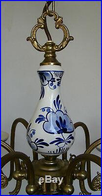Vintage 6 Lights Delft Holland Porcelain Blue White Ceiling Fixture Chandelier
