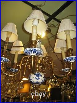 Vintage 6 Lights Delft Holland Porcelain Blue White Chandelier