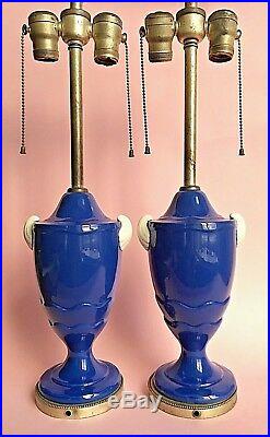 Vintage Art Deco Pair Table Lamps Porcelain Urn Cobalt Blue Sliver White Shell