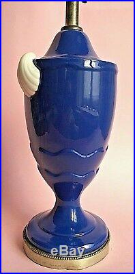 Vintage Art Deco Pair Table Lamps Porcelain Urn Cobalt Blue Sliver White Shell
