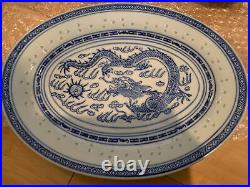 Vintage Blue/White Dragon Rice Pattern Porcelain Dinner Set from China (16 pcs)