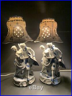Vintage Blue/White Victorian Couple Porcelain Table Lamps withPorcelain Shade Set