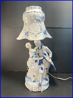 Vintage Blue/White Victorian Couple Porcelain Table Lamps withPorcelain Shade Set