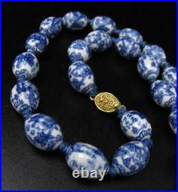 Vintage Chinese Blue & White Porcelain Oriental Bead Necklace Auspicious Symbols