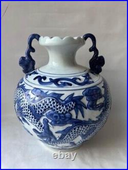 Vintage Chinese Dragon Blue and White Porcelain Flower Vase Binaural Vase