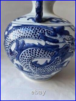 Vintage Chinese Dragon Blue and White Porcelain Flower Vase Binaural Vase