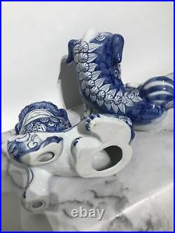 Vintage Chinese Large Pair Blue & White Porcelain Foo Dog Statues 8.5 Tall