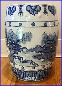 Vintage Chinese Porcelain Blue & White Chinoiserie Hand Painted Garden Stool
