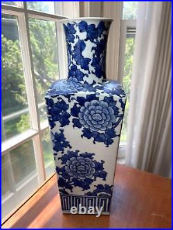 Vintage Chinese Signed Blue & White Floral Porcelain Vase 17 1/8