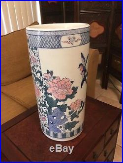Vintage Chinese Umbrella Stand Blue White Floral Pattern Porcelain Lotus Bird
