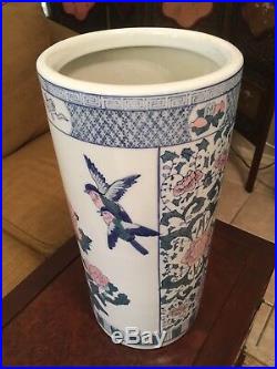 Vintage Chinese Umbrella Stand Blue White Floral Pattern Porcelain Lotus Bird