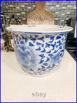 Vintage Chinoiserie Porcelain Jardiniere, White and Blue, Vase, Planter