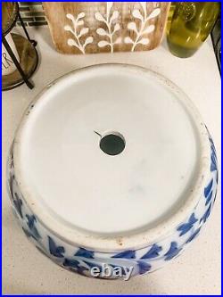 Vintage Chinoiserie Porcelain Jardiniere, White and Blue, Vase, Planter