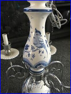 Vintage Delft Blue Bird Floral Chandelier Blue & White 6 Light Arms
