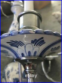 Vintage Delft Blue Bird Floral Chandelier Blue & White 6 Light Arms