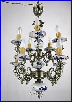 Vintage Delft Blue White Porcelain Spelter chandelier Two Tier Double 10 Lights