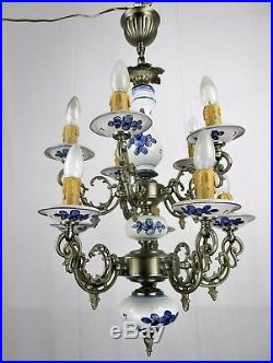 Vintage Delft Blue White Porcelain Spelter chandelier Two Tier Double 10 Lights
