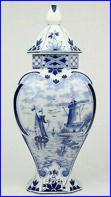 Vintage Delft Porcelain Lidded Ginger Jar Urn Blue & White Dutch 14.5