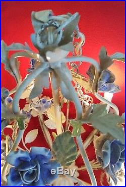 Vintage Italian Tole Chandelier Blue Porcelain Roses Birdcage Shape Chippy White