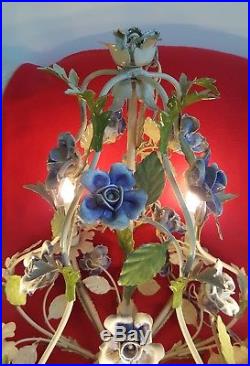 Vintage Italian Tole Chandelier Blue Porcelain Roses Birdcage Shape Chippy White