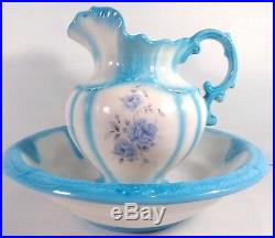 Vintage Large Arnels Porcelain Water Pitcher and Basin Blue White Floral