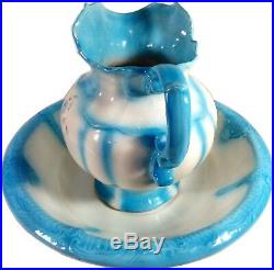 Vintage Large Arnels Porcelain Water Pitcher and Basin Blue White Floral