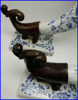 Vintage Maitland Smith Cornucopia Horns of Plenty Blue White Porcelain Vase Pair