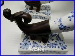 Vintage Maitland Smith Cornucopia Horns of Plenty Blue White Porcelain Vase Pair