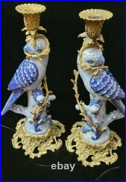 Vintage Pair Herend Porcelain & Bronze Blue & White Parrot Candlesticks