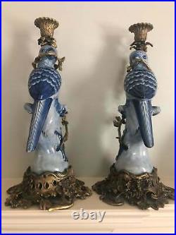 Vintage Pair Herend Porcelain Ormolu & Bronze Blue & White Parrot Candle Holders