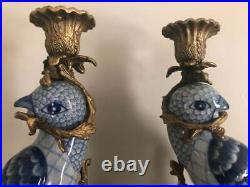 Vintage Pair Herend Porcelain Ormolu & Bronze Blue & White Parrot Candle Holders