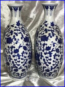 Vintage Pair Oriental Nanking Porcelain Blue & White Signed Flask Vases