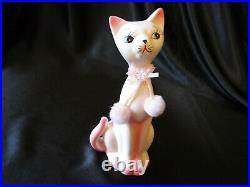 Vintage Pink & White Cat Kitty Blue Eyes Figurine Retro 50's 60's MCM Ceramic