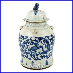 Vintage Style Blue and White Brush Stroke Dragon Motif Porcelain Temple Jar 19