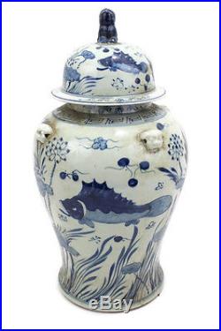 Vintage Style Blue and White Chinese Porcelain Temple Jar Fish Motif 21