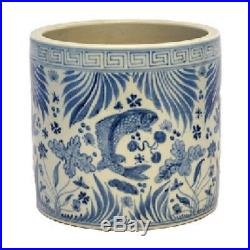 Vintage Style Blue and White Porcelain Fish Motif Flower Pot 7