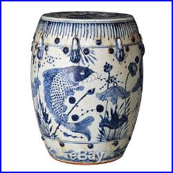 Vintage Style Blue and White Porcelain Garden Stool Fish Koi Motif Hand Painted