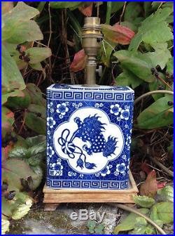 Vintage blue white Chinese Mythical Dragon Lamp Art Deco porcelain wood