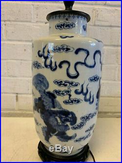 Vtg Chinese Blue & White Porcelain Vase / Lamp with Foo Dogs & Clouds Decoration