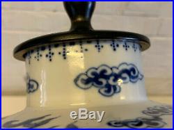Vtg Chinese Blue & White Porcelain Vase / Lamp with Foo Dogs & Clouds Decoration