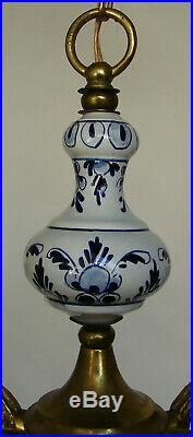 Vtg Holland Porcelain Blue White Delft Pottery Chandelier 5 Arms Ceiling Light