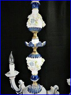 Vtg Italian Floral Porcelain Capodimonte Chandelier White -Cobalt Blue -Gold