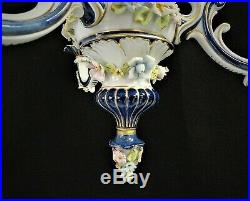 Vtg Italian Floral Porcelain Capodimonte Chandelier White -Cobalt Blue -Gold
