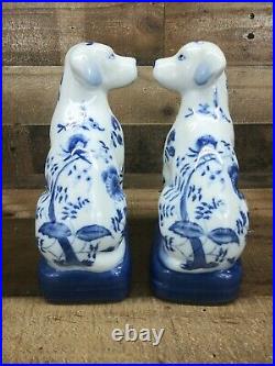 WONG LEE 1895 Porcelain Pair Cobalt Blue Floral Mantle Book End Dog Statues 8.5