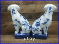 WONG LEE 1895 Porcelain Pair Cobalt Blue Floral Mantle Book End Dog Statues 8.5