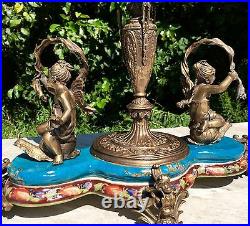 Wong Lee Blue Art Deco Porcelain & Bronze Cherub Statues Pedestal Bowl