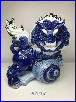 Yoshimi K. Porcelain Foo Dogs Gorgeous Blue, Silver and White Made in Japan