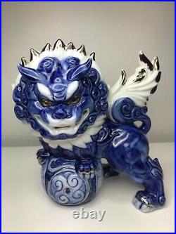 Yoshimi K. Porcelain Foo Dogs Gorgeous Blue, Silver and White Made in Japan